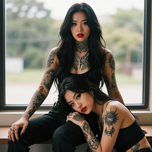 Two Tattooed Women in Black Outfits Posing by Window with Bold Red Lipstick