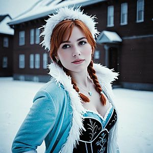 Woman in Stylized Anna Frozen Costume Winter Outfit