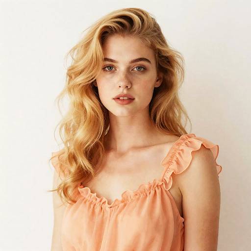 Portrait of Stylish Young Blonde Woman in Peach Dress Gen Z Style