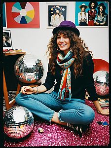 Smiling Woman in Purple Hat Sitting Among Disco Balls and Art in Retro Bohemian Style