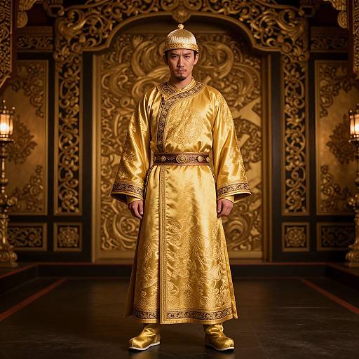 Traditional Chinese Imperial Royal Attire Man in Golden Silk Robe