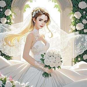 Elegant Woman in White Wedding Dress with Bouquet