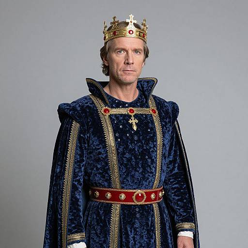 Man in Medieval Royalty Costume with Crown and Velvet Robe