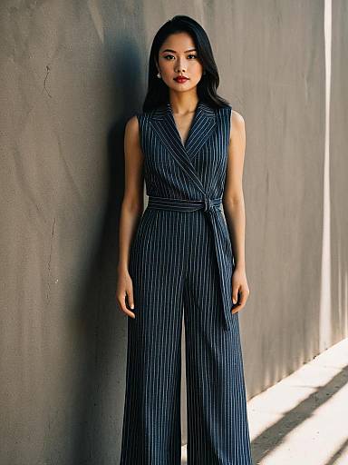 Confident Woman in Dark Pinstripe Sleeveless Jumpsuit Against Wall