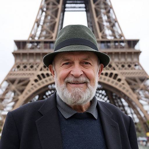 Elderly Man Smiling in Front of Eiffel Tower Paris
