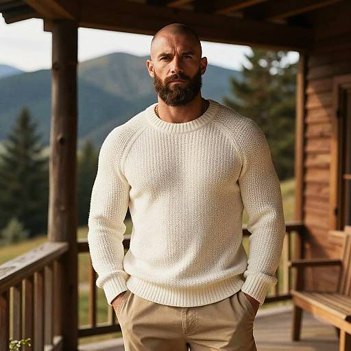 Bearded Man Wearing White Knit Sweater on Cabin Porch with Mountain View