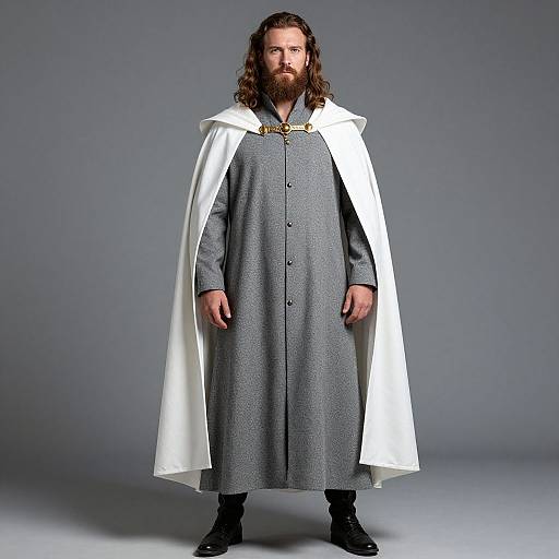 Medieval Fantasy Man in Gray Robe with White Cape and Bearded Look