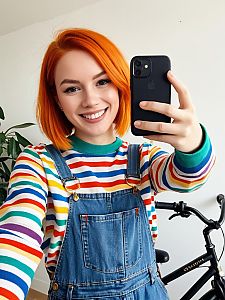 Young Woman in Colorful Striped Shirt and Denim Overalls Taking Selfie with Bicycle