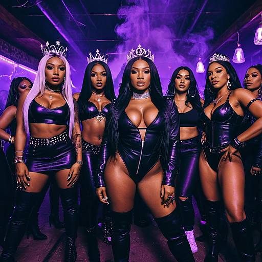 Confident Women in Black Leather Outfits with Crowns in Purple Nightclub