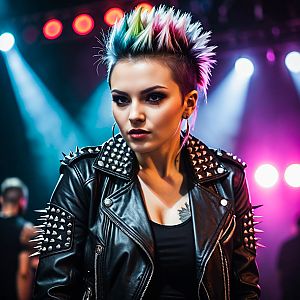 Confident Woman with Rainbow Mohawk in Leather Jacket
