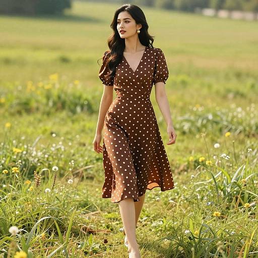 Woman Wearing Brown Polka Dot Midi Dress in Green Field