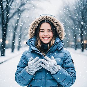 Young Woman in Blue Coat Smiling in Snow