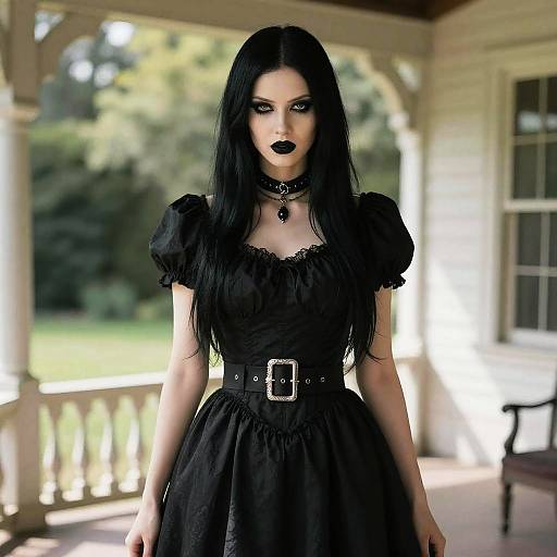 Gothic Woman in Black Vintage Dress on Veranda