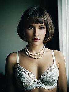 Elegant Woman in White Lace Bra with Pearl Necklace Portrait