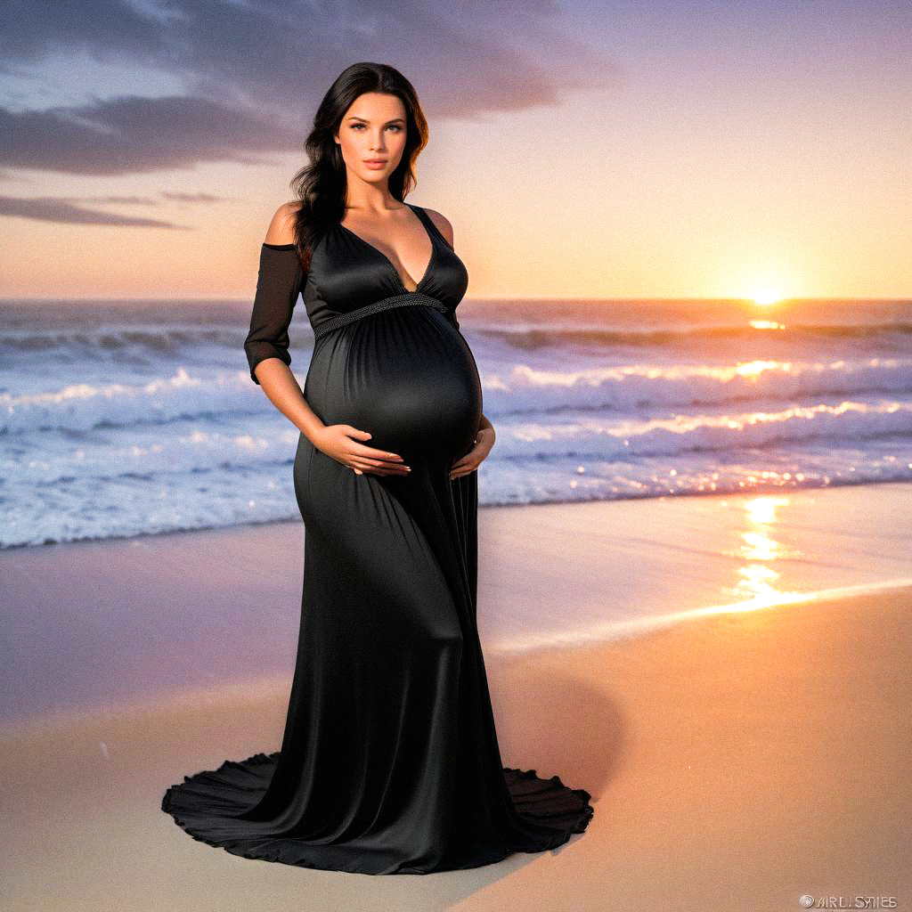 Pregnant Woman on Beach at Sunset