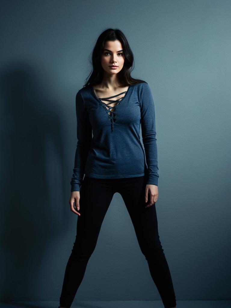 Woman in Charcoal Gray Long Sleeve Crisscross Top Casual Streetwear