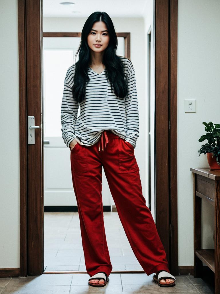Casual Home Wear Outfit Woman in Red Pants and Striped Long-Sleeve Shirt
