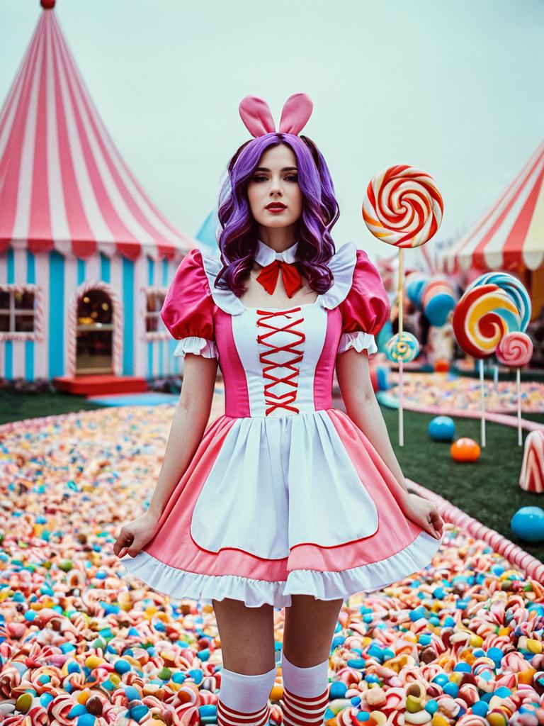 Candyland Costume Cosplay Woman in Vibrant Candy-Themed Setting with Cinematic Realism