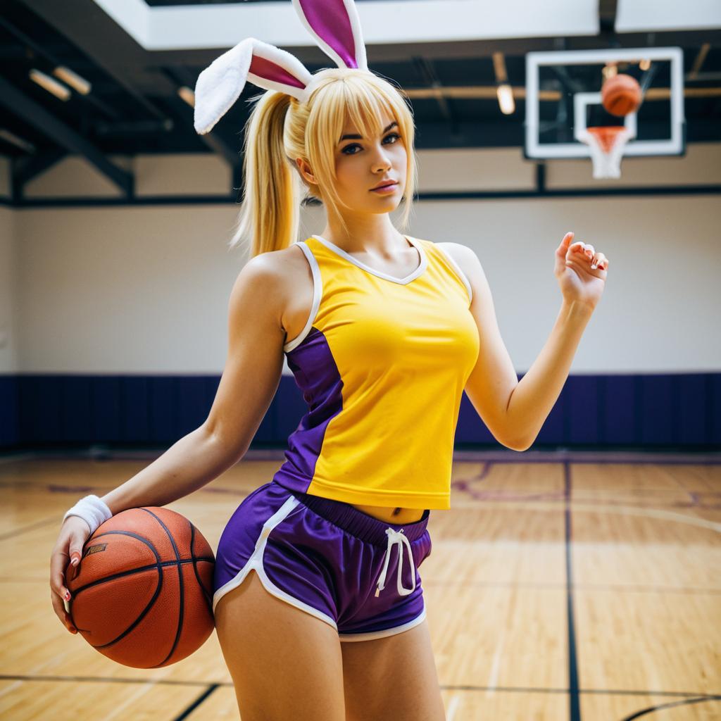 Young Woman in Bunny Ears Basketball Outfit on Court