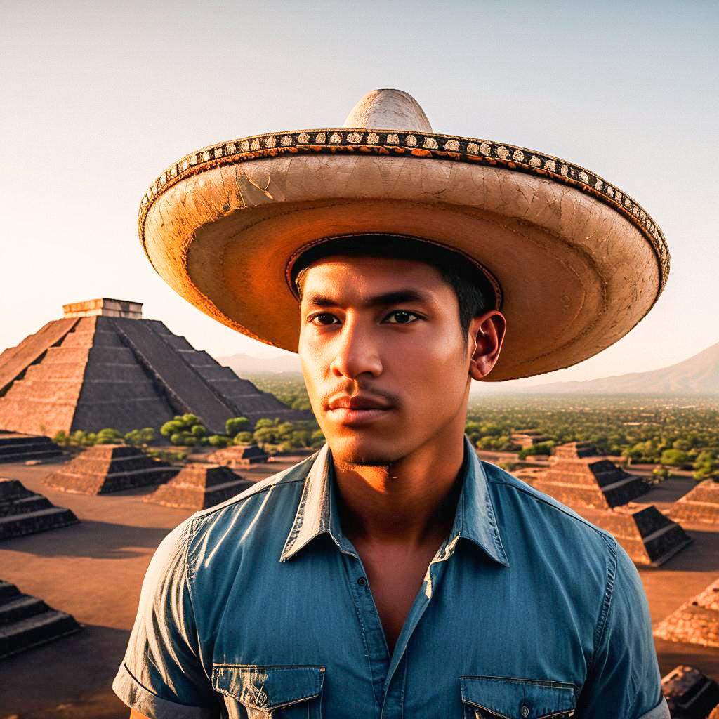 Young man in sombrero with pyramids at sunset