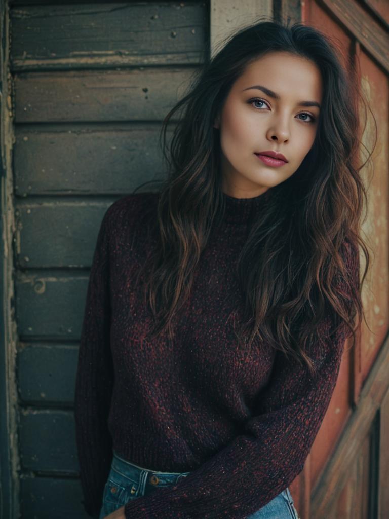 Contemplative Woman Portrait on Rustic Wood