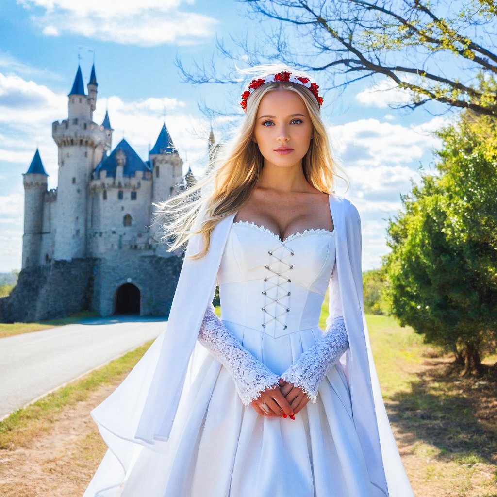Elegant Woman in Medieval Gown at Castle