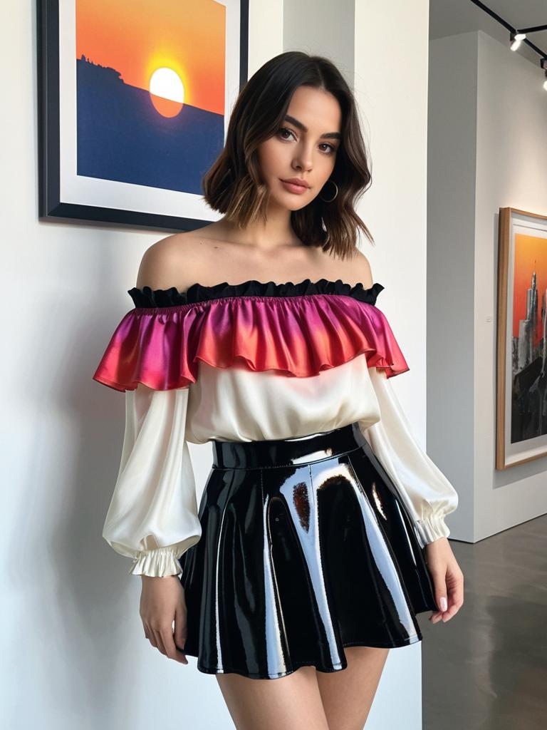 Fashionable Woman in Off-Shoulder Ruffle Blouse and Black Patent Leather Skirt