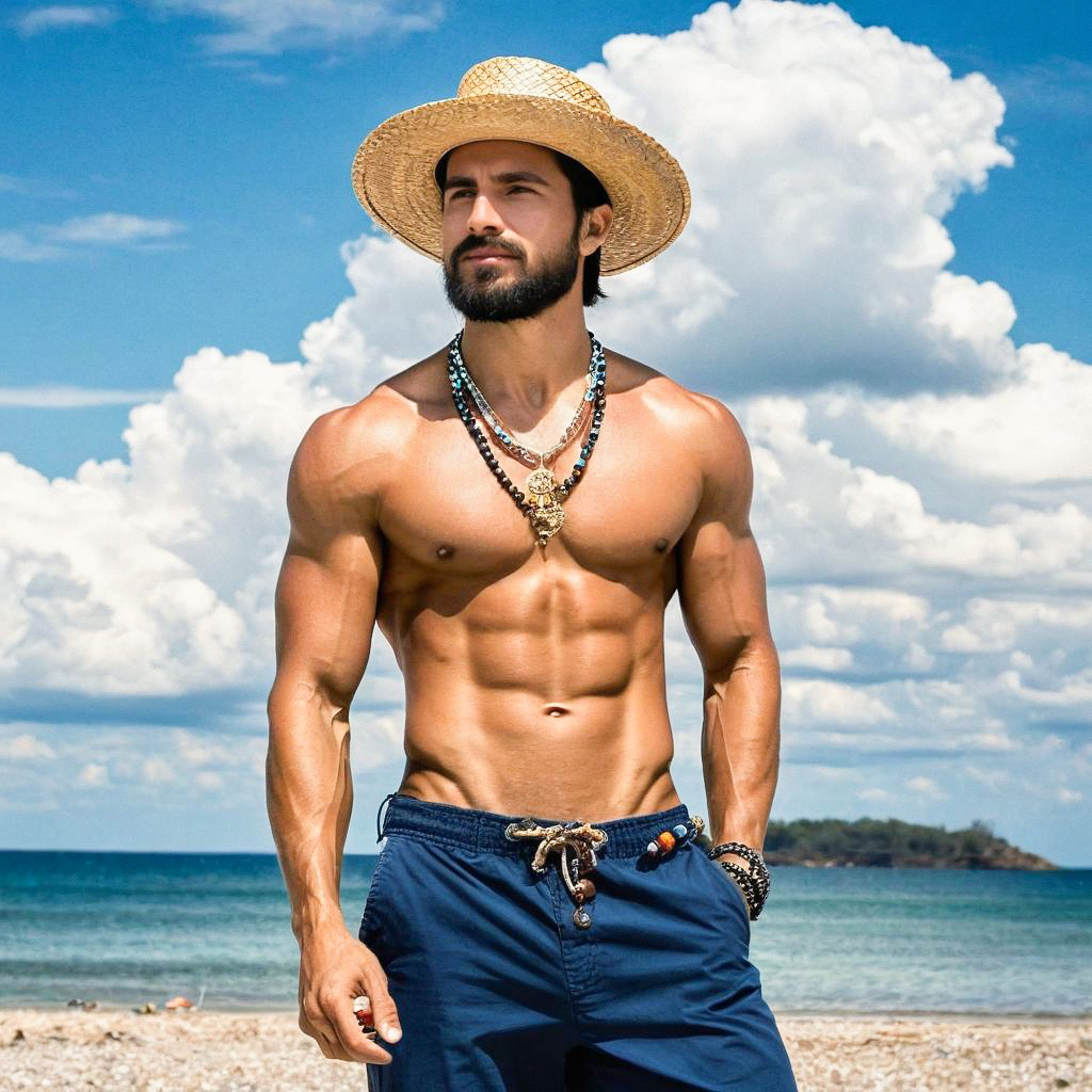 Muscular Man on Beach with Straw Hat