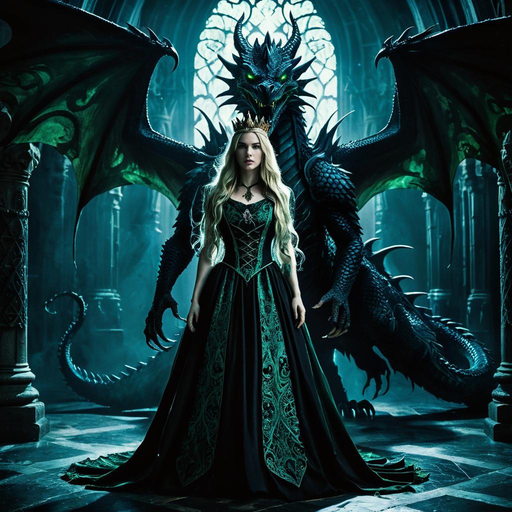 Fantasy Queen with Dragon in Gothic Cathedral Medieval Style