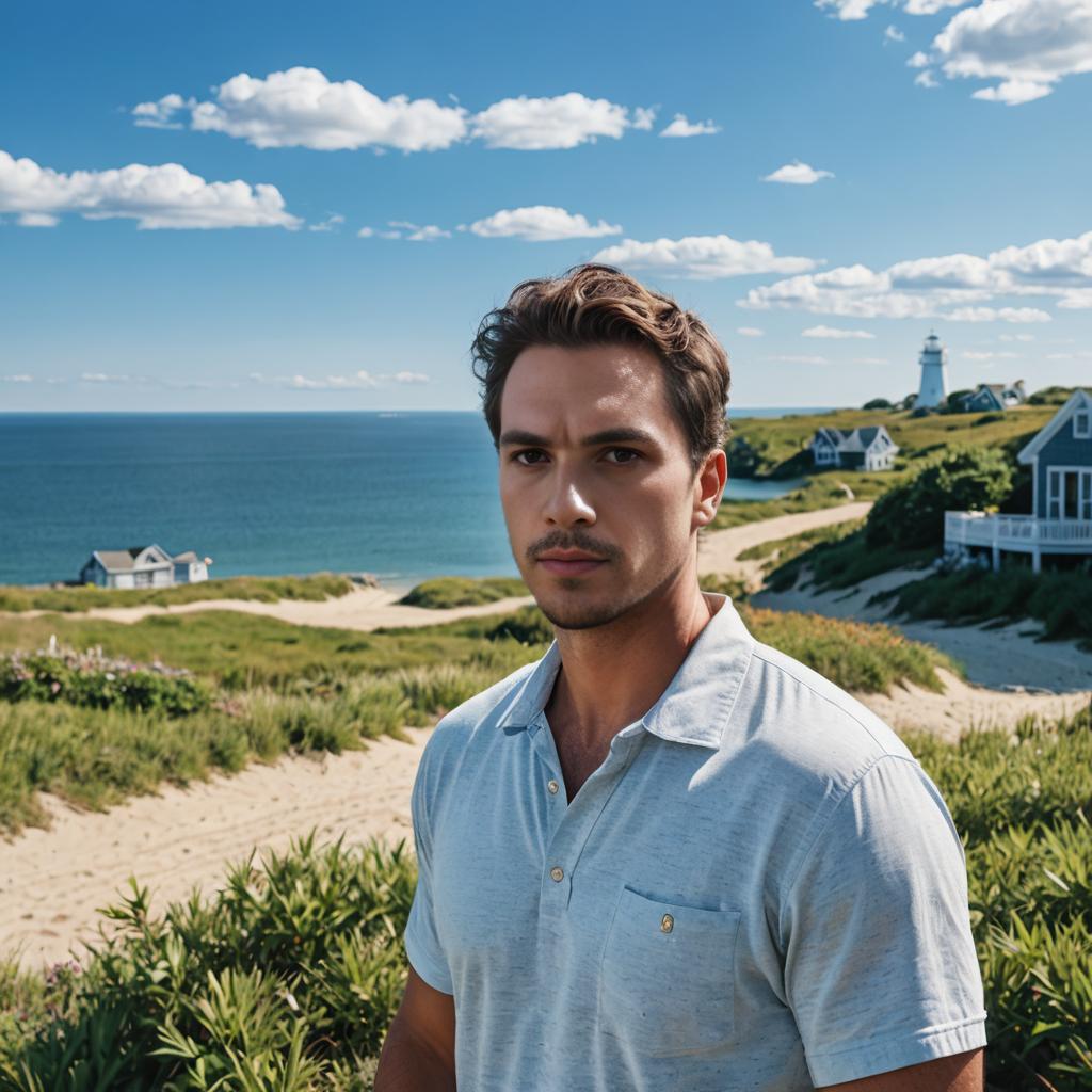 Thoughtful man against serene Martha's Vineyard landscape