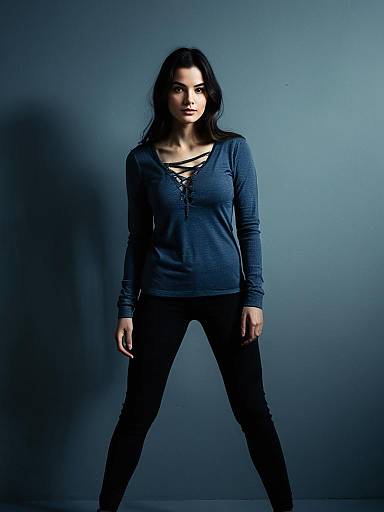 Woman in Charcoal Gray Long Sleeve Crisscross Top Casual Streetwear