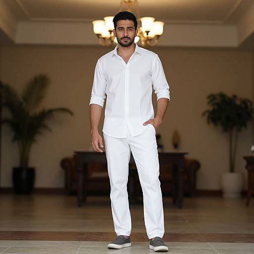 Man in White Outfit Standing Indoors with Classic Decor