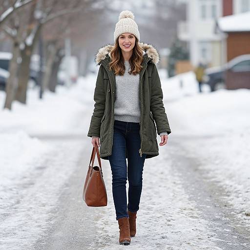 Woman Walking on Snowy Street in Winter Outfit with Green Parka and Brown Handbag