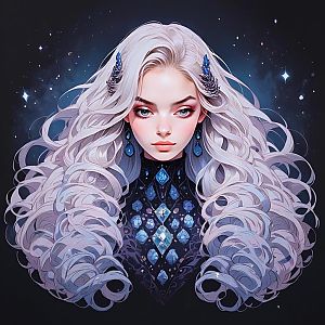 Digital portrait of a woman with silver hair and blue eyes