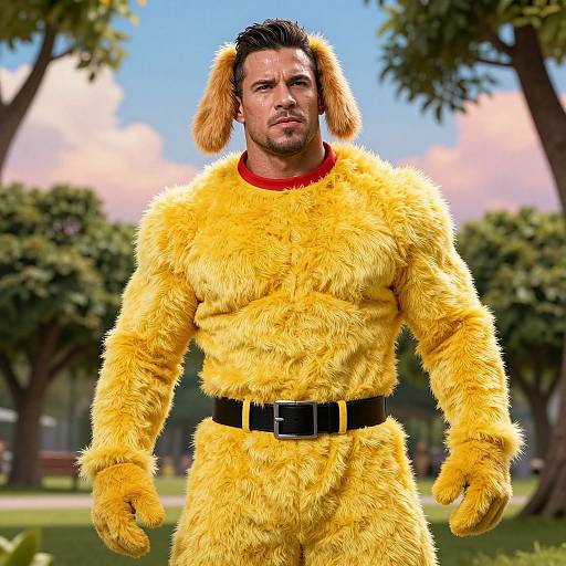 Man Wearing Yellow Furry Dog Costume Outdoors