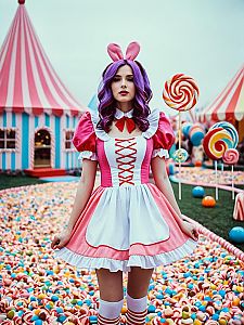Candyland Costume Cosplay Woman in Vibrant Candy-Themed Setting with Cinematic Realism