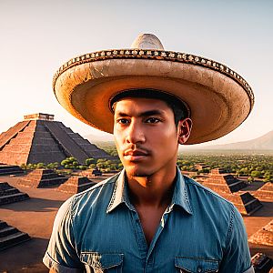 Young man in sombrero with pyramids at sunset