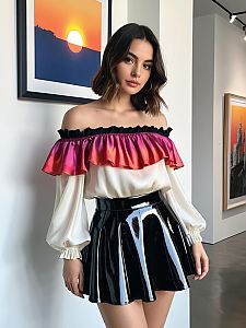 Fashionable Woman in Off-Shoulder Ruffle Blouse and Black Patent Leather Skirt