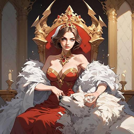 Regal Woman in Red Gown with White Dog on Ornate Throne Digital Artwork