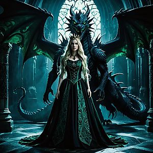 Fantasy Queen with Dragon in Gothic Cathedral Medieval Style