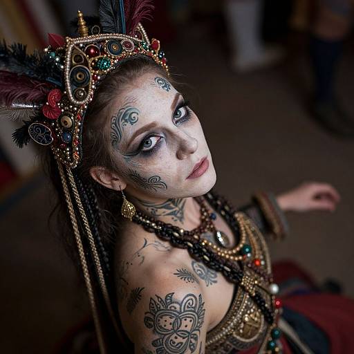 Woman with Tribal Tattoos and Ornate Bejeweled Headdress