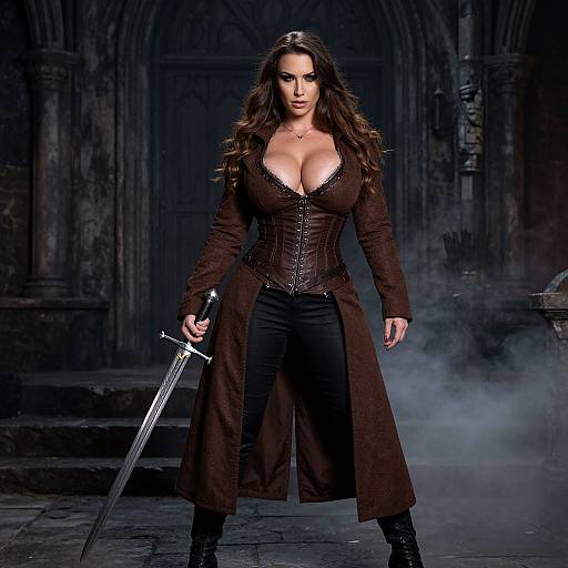 Medieval Woman Warrior in Brown Corset Holding Sword in Gothic Setting