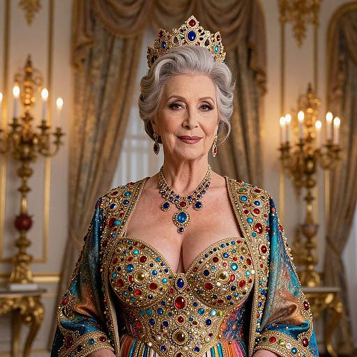 Regal Elderly Woman in Jeweled Royal Gown and Crown