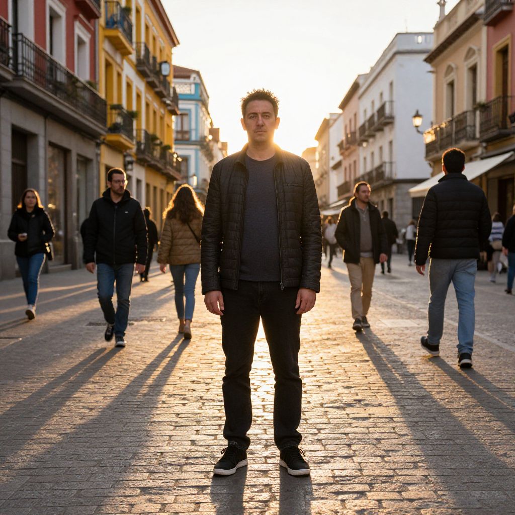 Man Standing on Cobblestone Street at Sunset with Urban Background