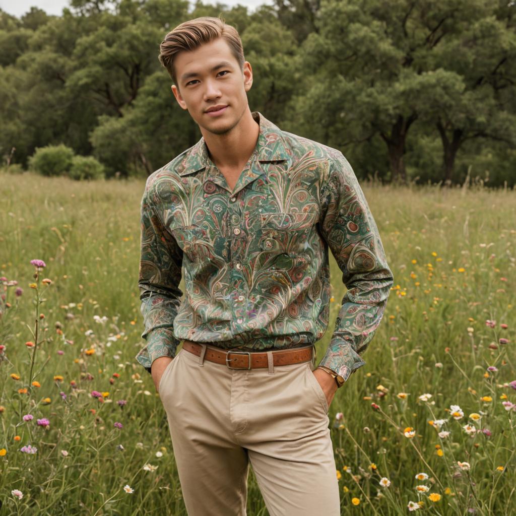 Confident man in paisley shirt in outdoor field