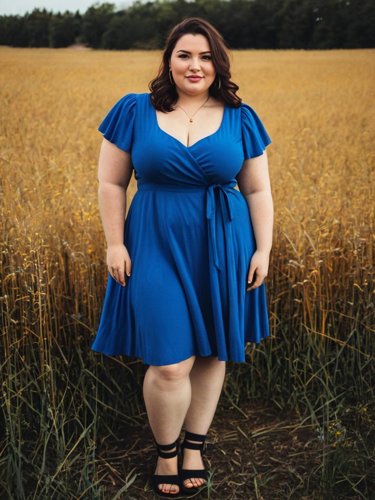 Trendy Plus Size Summer Blue Dress Woman Standing in Field