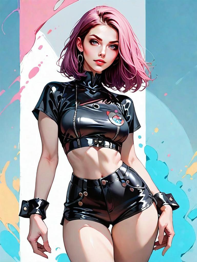 Realistic Digital Art of Woman in Matte Black Faux Leather Crop Top and High-Waisted Shorts