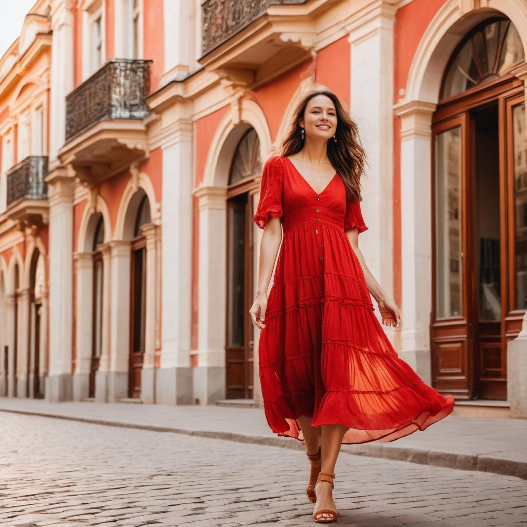 Woman Walking Confidently in Red Dress on Historic City Street