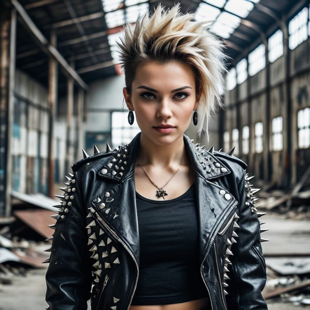 Confident Woman in Spiked Leather Jacket - Punk Rock Attitude