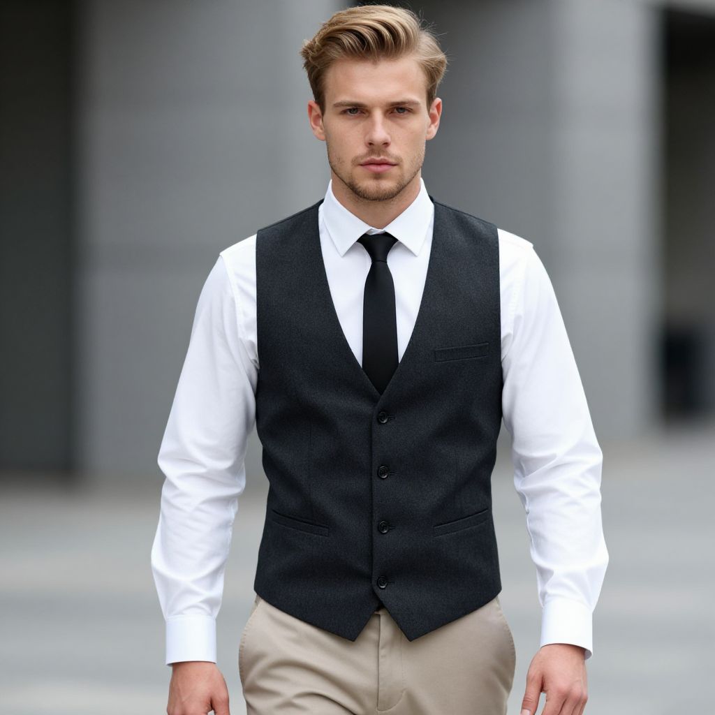 Young Man in Stylish Black Vest and Tie Walking Outdoors
